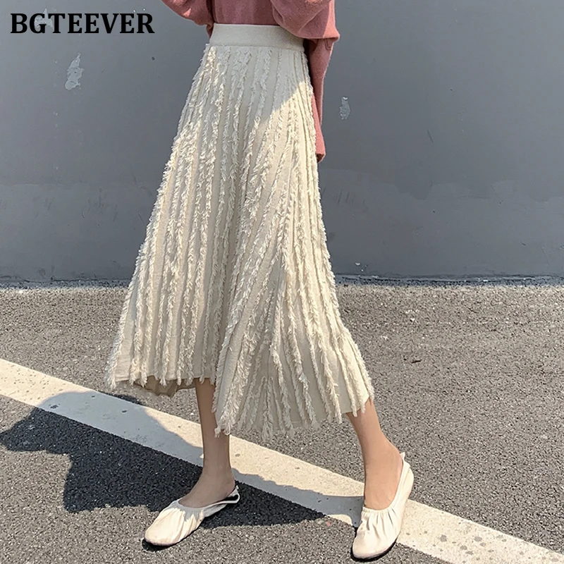 BGTEEVER Casual High Waist Striped Maxi Knitted Female Skirts Autumn Winter Elastic Waist A-line Thick Women Sweater Skirt - Цвет: apricot