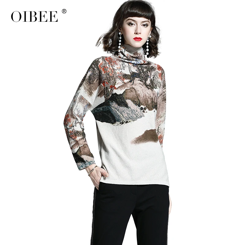 Бежевый OIBEE2019 женская Европейская и американская мода Печать Свободный большой размер длинный рукав с длинным разрезом утолщение swe - Цвет: Бежевый