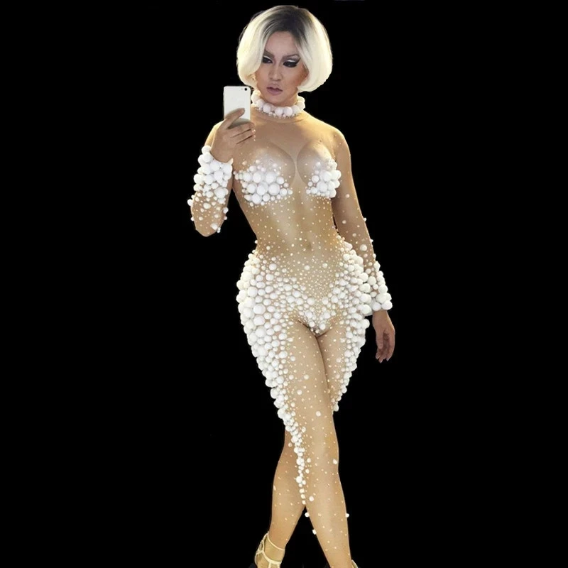 White Ball Sexy Nude Rhinestones Jumpsuit Party Show Leotard Nightclub singer bodysuit dancer performance Role costume