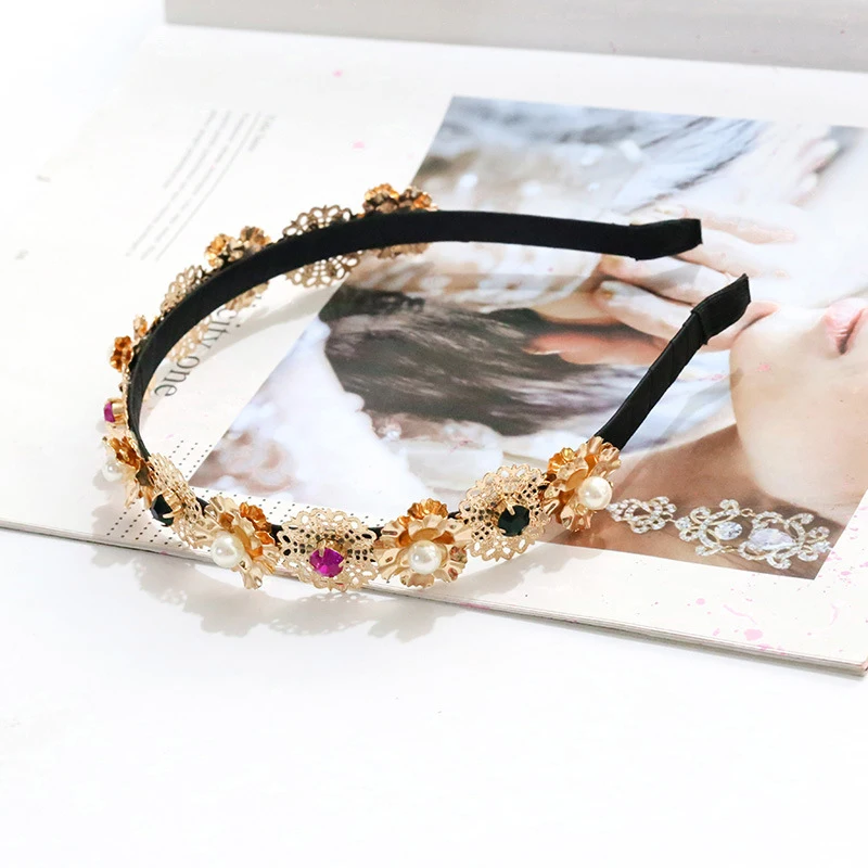 Красочные драгоценные камни барокко повязки для женщин бриллиантовые аксессуары для волос Жемчужная Повязка для девочек корона цветок повязки на голову
