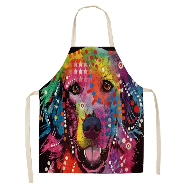 Parent-child Kitchen Apron Colorful Oil Painting Dog Printed Sleeveless Cotton Linen Aprons for Men Women Home Cleaning Tools