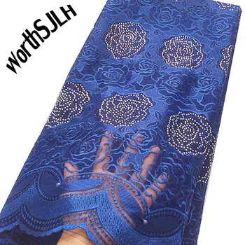 

Royal Blue Embroidered African Lace Fabric High Quality With beads Rhinestone French Net Guipure Lace Fabrics For Wedding dress
