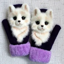 

Winter Knit Gloves Cute 3D Fluffy Cartoon Animal Decor Thickened Plush Lining Windproof Thermal Warm Mittens Outfit Girls Gloves
