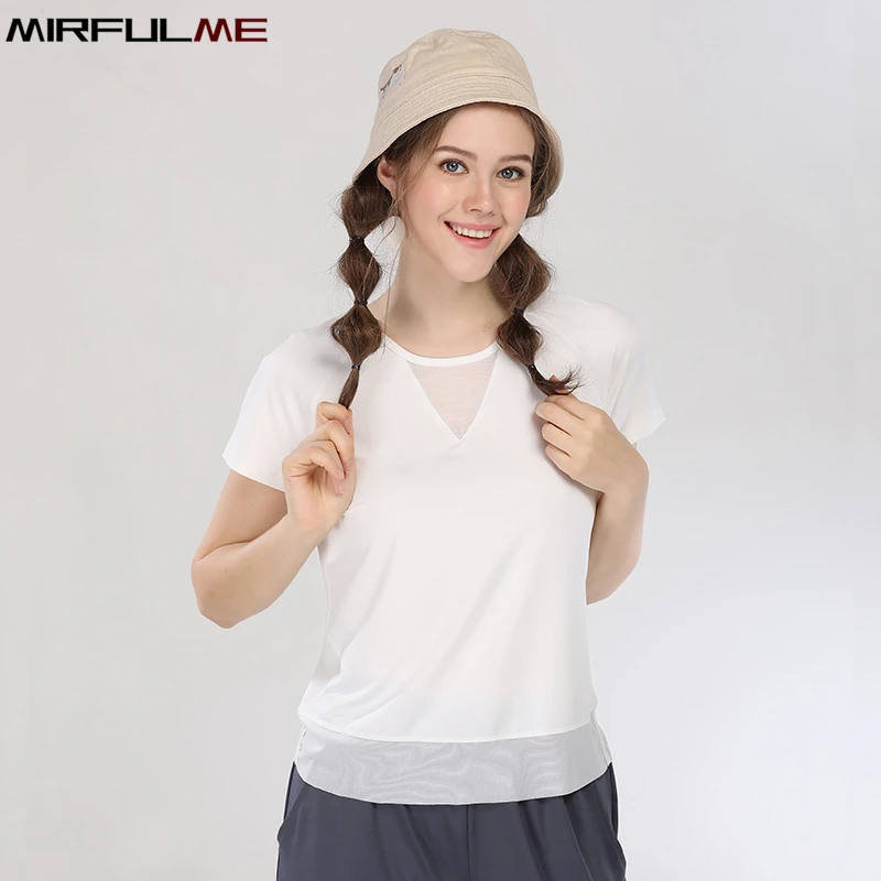 

Summer Women Sport T-shirts Female Split Yoga Shirt Running T-shirt Mesh Patchwork Fitness Shirts Crop Tee Tops Loose Gym Blouse
