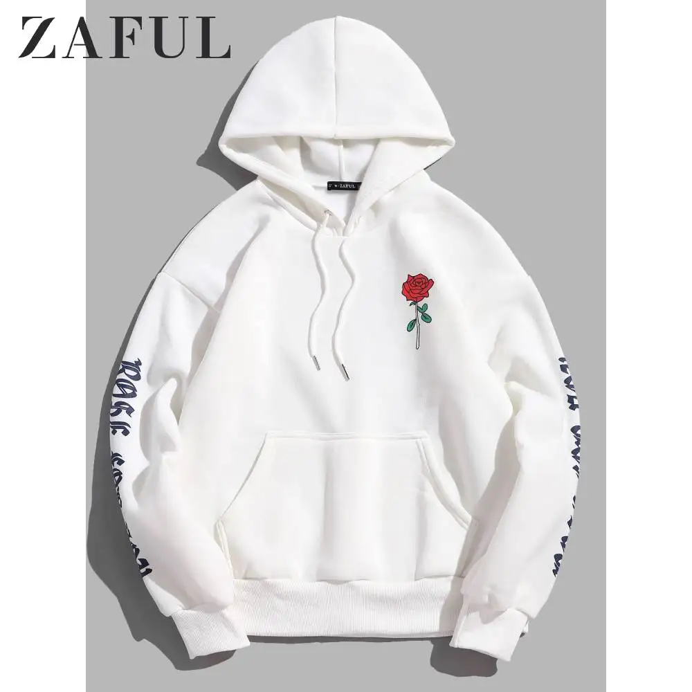 ZAFUL Rose Letter Graphic Fleece Pullover Hoodie Full Sleeves Flower Letter Printed Casual Sweatshirts Autumn Outdoor Wearing