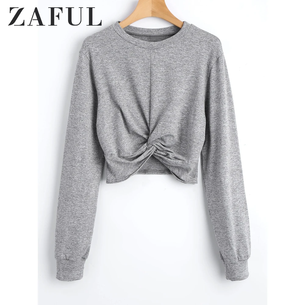 ZAFUL Heathered Cropped Twist Sweatshirt Women Sexy Crop Tops Short Tees Casual T-Shirts Streetwear Girls Femme 2019 Autumn | Женская