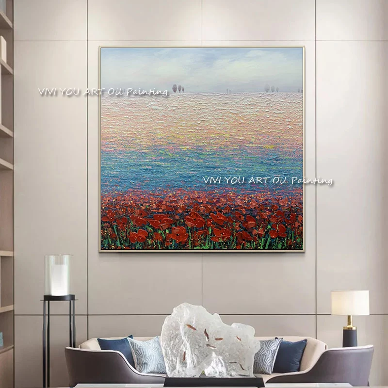 

The New Flower Sea Red Colorful Horses Painting Modern Original Artwork Pictures Thick Oil Wall Art Handmade Decoration Unframed