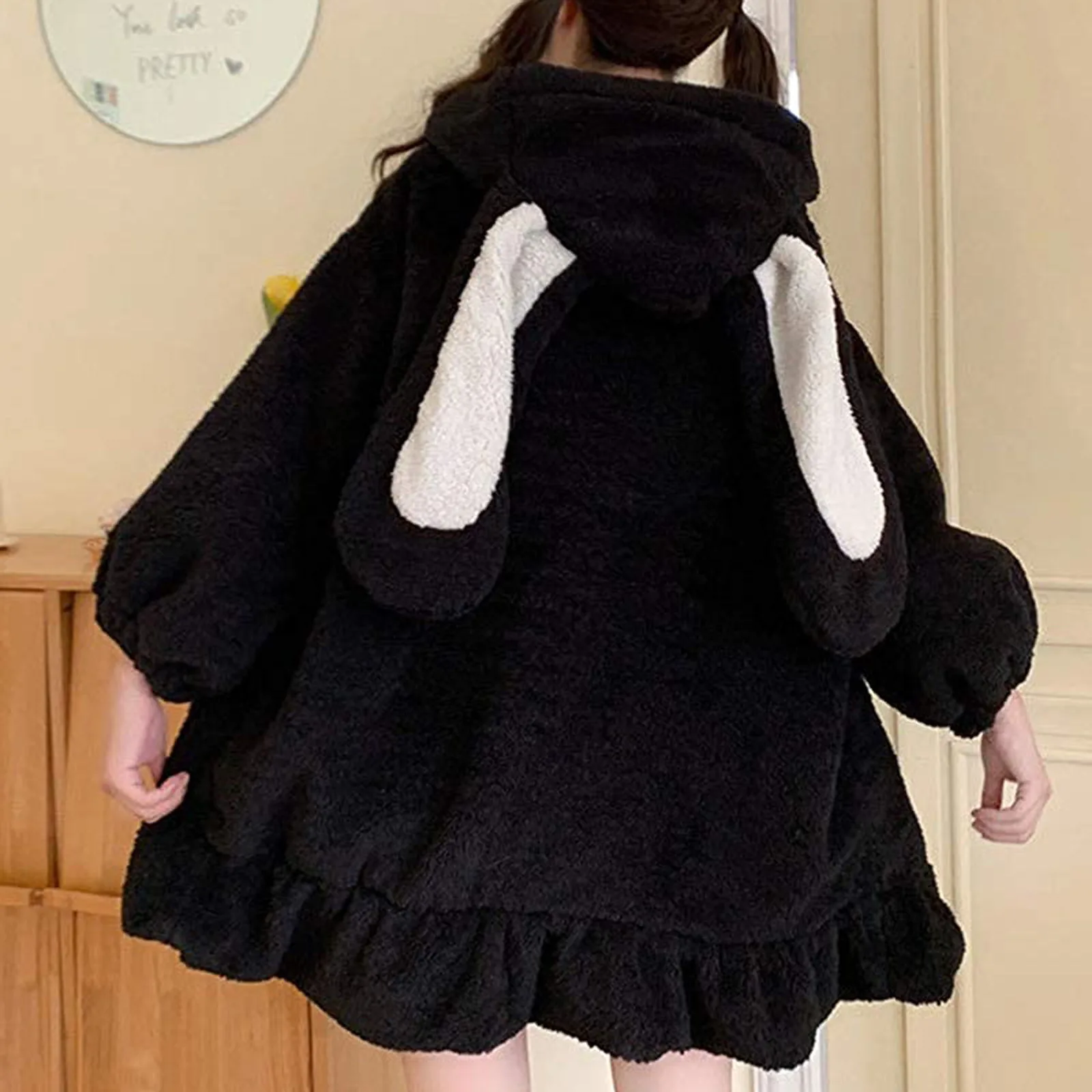 2021 Women Bunny Patchwork Hoodies Oversized Drawstring Sweatshirt Jacket Winter Warm Fleece Hooded Sweatshirt Sudadera Mujer 1