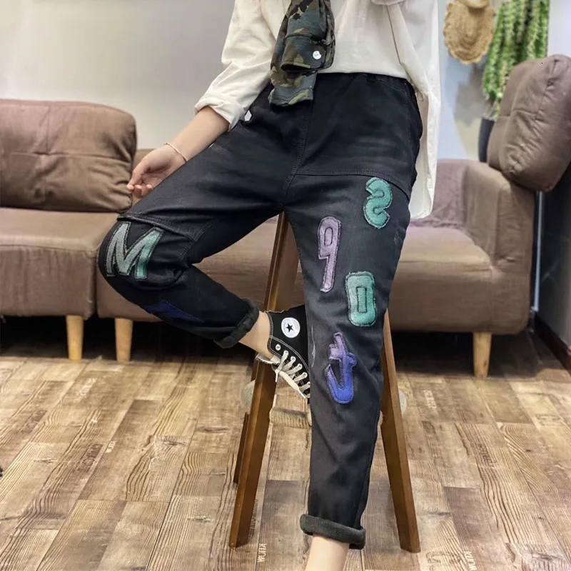 SOUL OF TIGER, корейская мода, женские зимние прямые брюки в стиле панк, женские плотные джинсы с принтом, Винтажные эластичные меховые джинсовые брюки