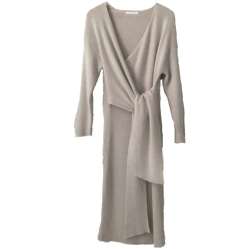[EWQ] Autumn Winter High Quality V-collar Long Sleeve Solid Patchwork Asymmetircal Lace Up Long Loose Dress Women AH17702