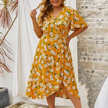 

2020 Fashion Dress Women Plus Size Womens Bohe Floral Print Short Sleeve V-Neck Ladies Dresses плате женское вечернее L42