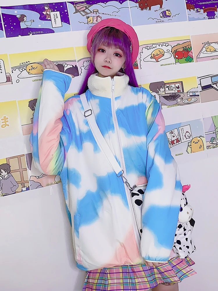 Students in double-sided yuansufeng blue sky white clouds wool sweet cotton jacket jackets coat coats | Женская одежда