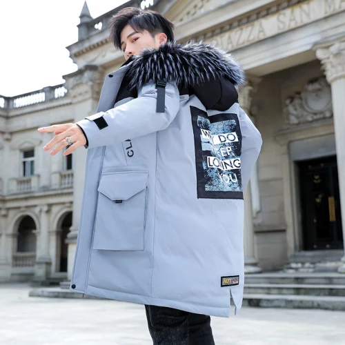 Liketkit, мужские зимние длинные куртки, пальто, большой меховой воротник, карманы, принт, Повседневная плотная верхняя одежда, мужская Тонкая теплая ветрозащитная парка - Цвет: Blue