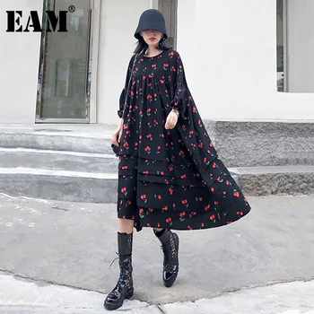 

[EAM] Women Pattern Printed Chiffon Big Size Dress New Round Neck Three-quarter Sleeve Loose Fit Fashion Spring Autumn 2020 1T46