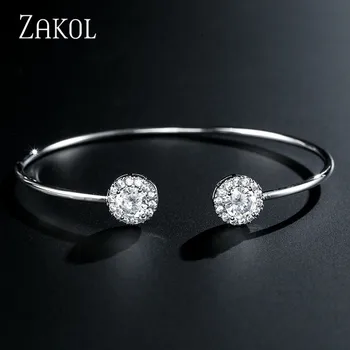 

ZAKOL Luxury Stackable Cuff Bangle with Round Cubic Zircon Crystal For Women Fashion CZ Wedding Party Jewelry FSBP2195