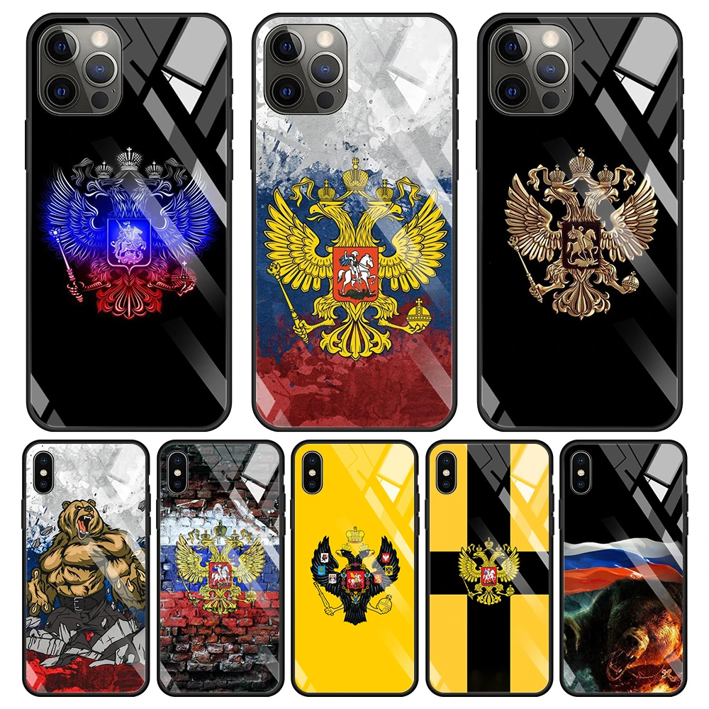 Tempered Glass Case For iPhone 12 11 Pro Max 13 12 Mini X XR XS Max 8 7 6s Plus SE 2020 Phone Shell Russia Russian Flags Emblem clear case iphone 13