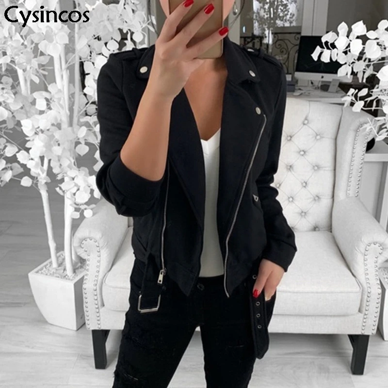 New Women Motercycle Jacket Faux Leather Coat Outwear Streetwear Autumn Zipper With Belt Lapel Chaqueta Mujer Jaqueta