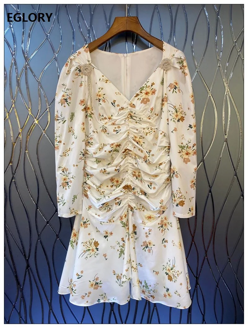 

New 2020 Autumn Dress High Quality Women V-Neck Elegant Little Flower Print Tassel Beading Deco Long Sleeve Pleated Dress