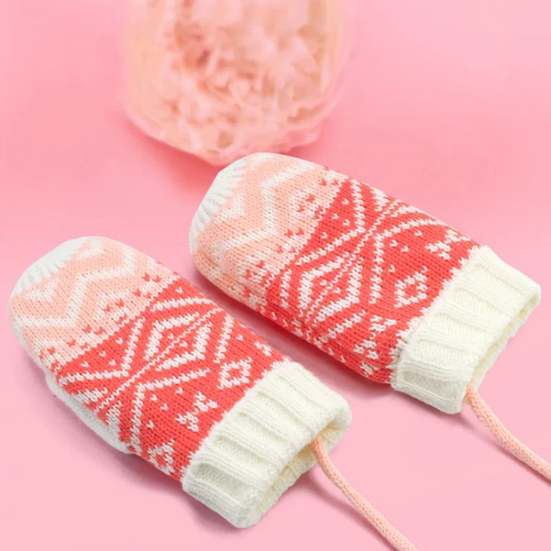 0-8 years Winter Warm Kids Girls Knitting Glove Outdoor Fleece Lining Mittens With Neck String