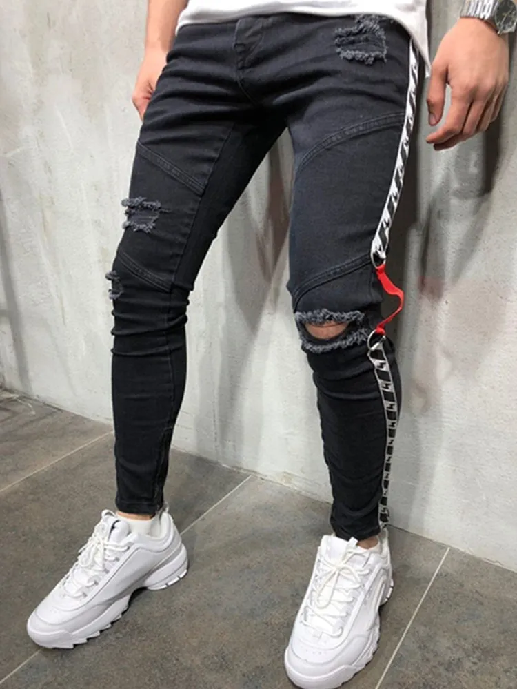 Mens Skinny Stretch white Denim Pants Camouflage Pleated Ripped Slim Fit Jeans Trousers Hot cargo pants jeans men Clothing