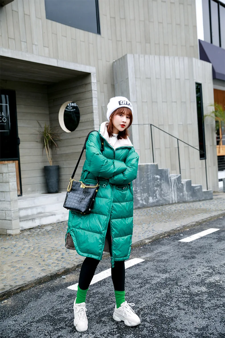 Winter New Style down Jacket Women's Mid-length over-the-Knee Stand Collar Korean-style Loose-Fit Coat Solid Color Versatil