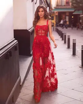 

Sexy Red Illusion Prom Dress Long Spaghetti Sweetheart Flower Lace Applique Floor Length Formal Evening Gowns Party Dresses