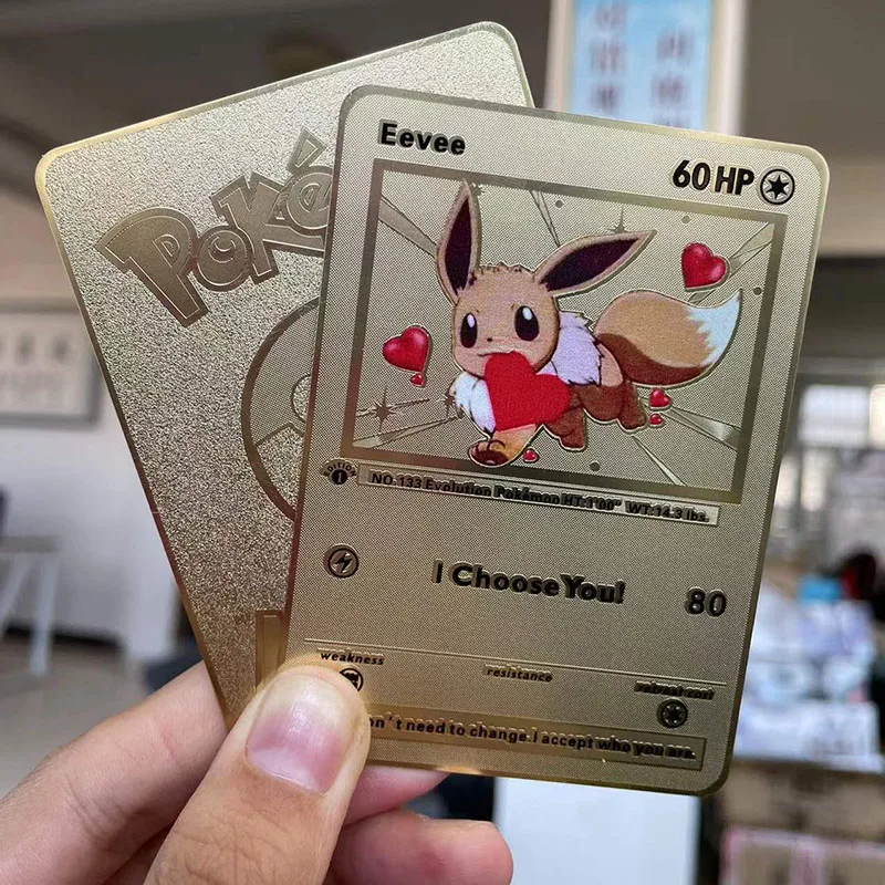 Anime Pokemon Gold Card Pikachu Eevee 60Hp I Choose You Gold Metal