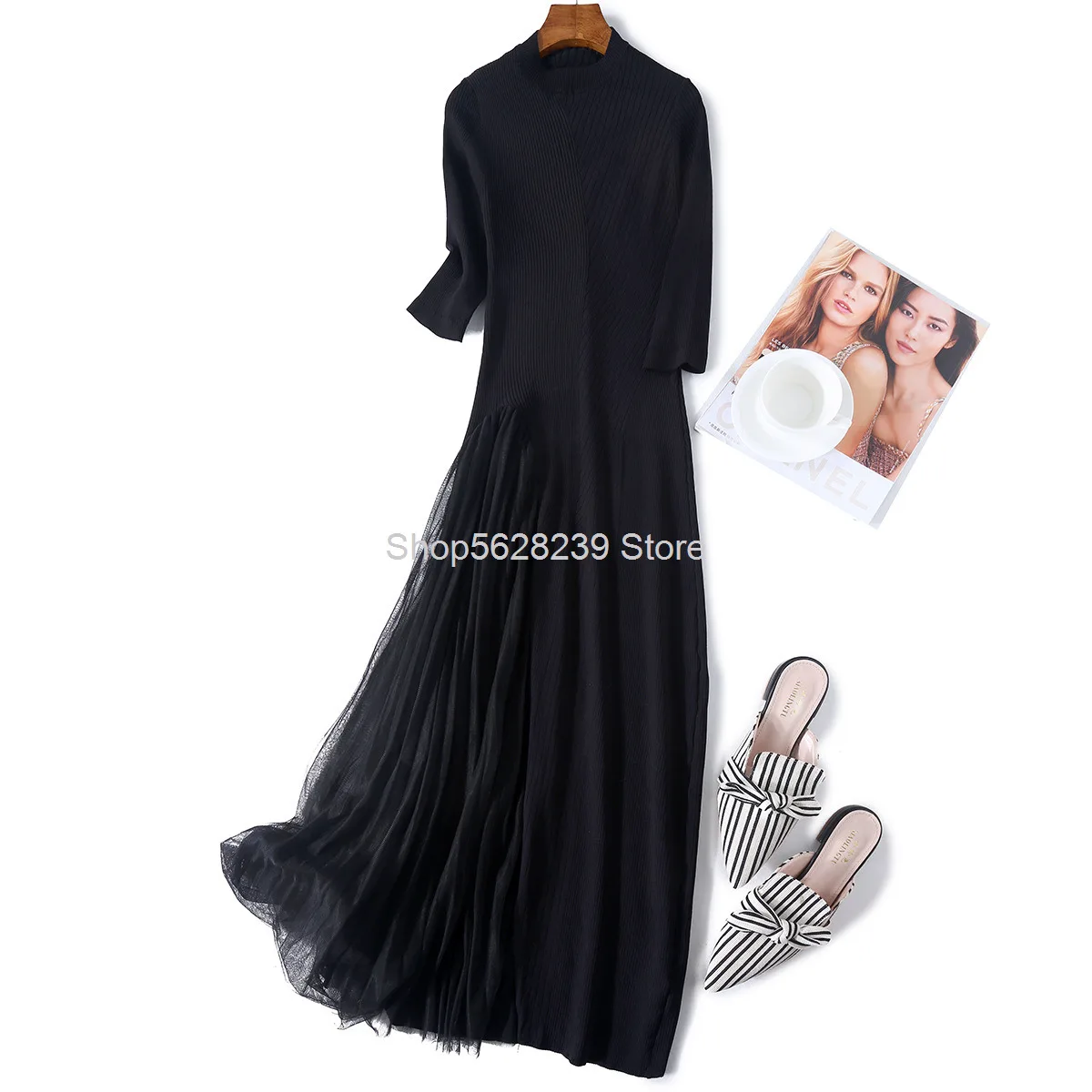 

Gao Bomb Slim Fit Curved Bead Ice Silk 2020 Pack Splicing Medium Length Slim Big Pendulum Knitting Fairy Dress