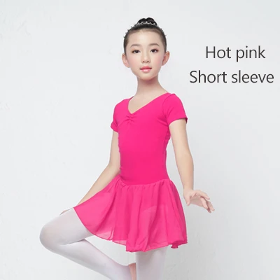 Hot Pink ShortSleeve Детское балетное трико с длинными/короткими рукавами для девочек, детское хлопковое танцевальное платье для тренировок, шифоновое платье с юбкой - Цвет: Hot Pink ShortSleeve