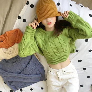 

Women Sweater Autumn Winter Short Loose Lazy Casual Solid Color Sweaters Fashion Twist Sweater Orange Long-sleeved Pull Femme