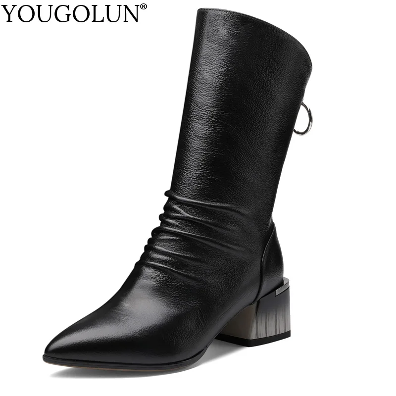 

Cow Leather Mid Calf Boots Women Autumn Winter Ladies Shoes Fashion Mid Square Heels A348 Woman Black Apricot Pointed Toe Boots