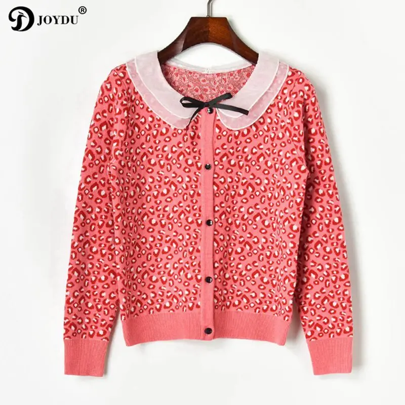 New Autumn Cardigans Women Sweet Peter Pan Collar Leopard Pattern Single Breasted Knitted Sweater Jacket Jumper Top pull femme |