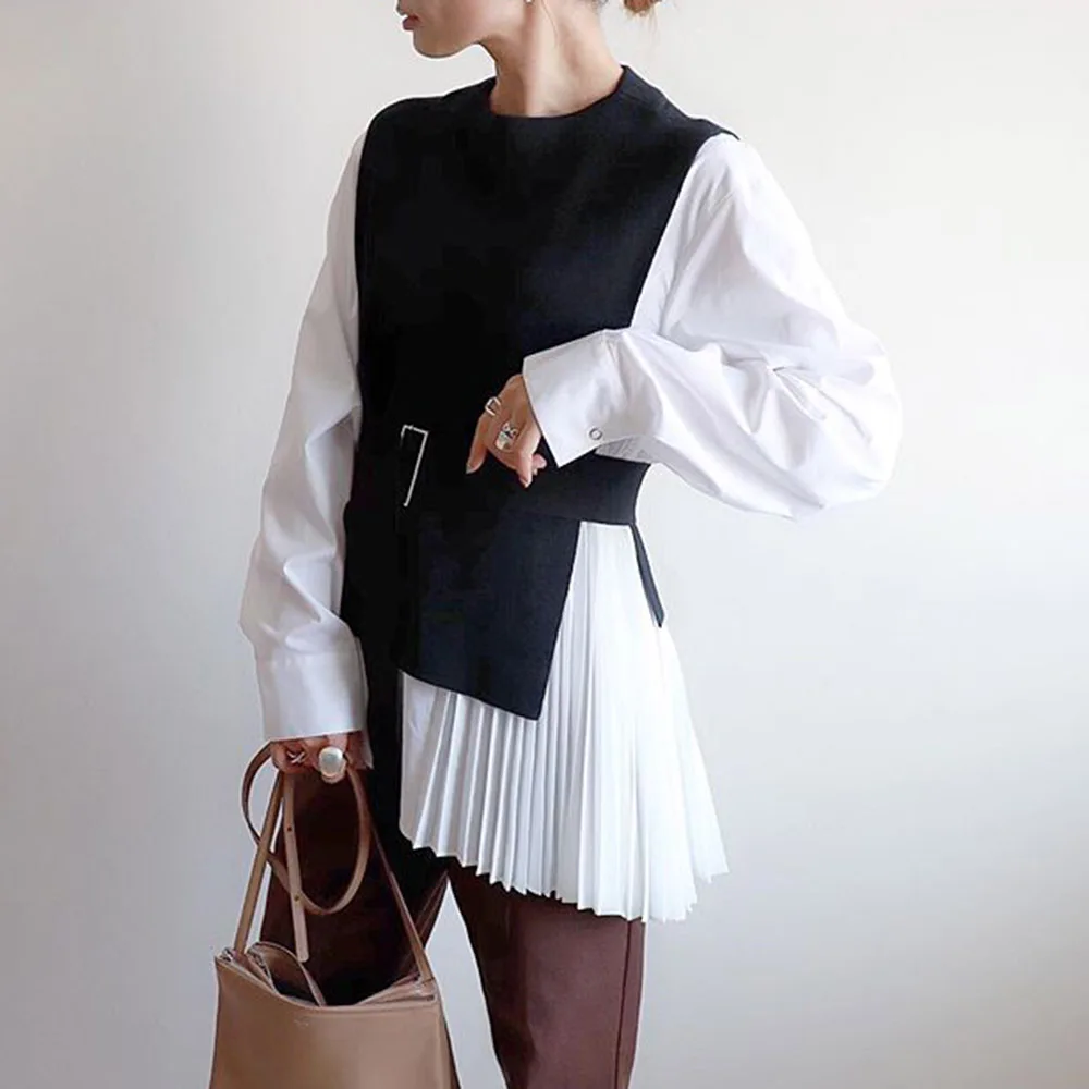 Женская офисная блузка в стиле пэчворк повседневная плиссированная рубашка из