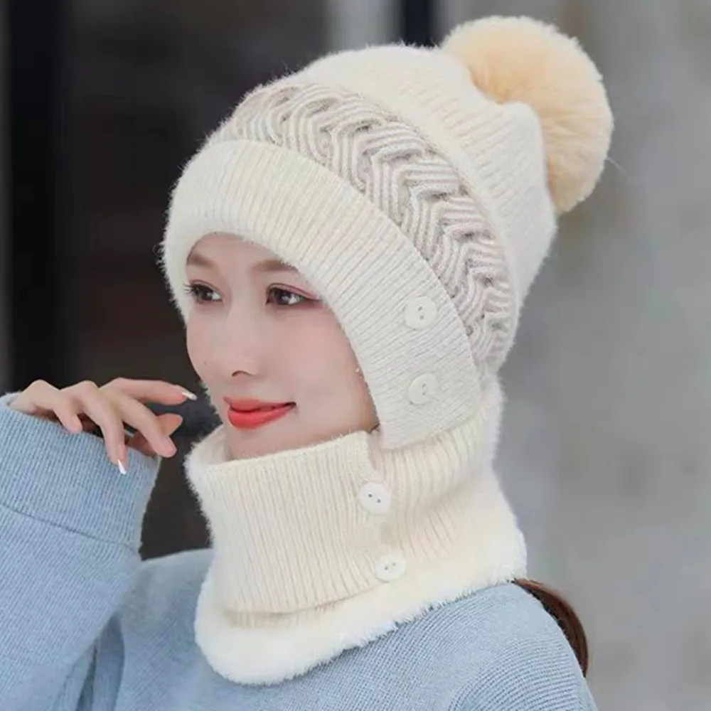

New Women Winter Hat Keep Warm Cap Add Fur Lined Hat & Scarf Warm Set Fashion Hat For Women Casual Rabbit Fur Knitted Hat
