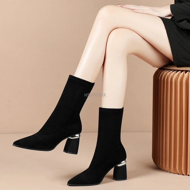 Botas de media caña para mujer, zapatos de tacón alto y elástico, stilettos, stilettos, otoño e novedad de 2022, 40|Botas hasta el tobillo| AliExpress