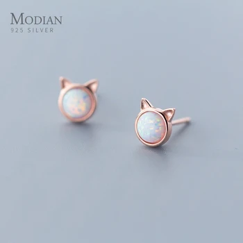

Modian Lovely Animal Little Cat 925 Sterling Silver Stud Earring for Women Romantic Opal Ear Pin Wedding Engagement Fine Jewelry