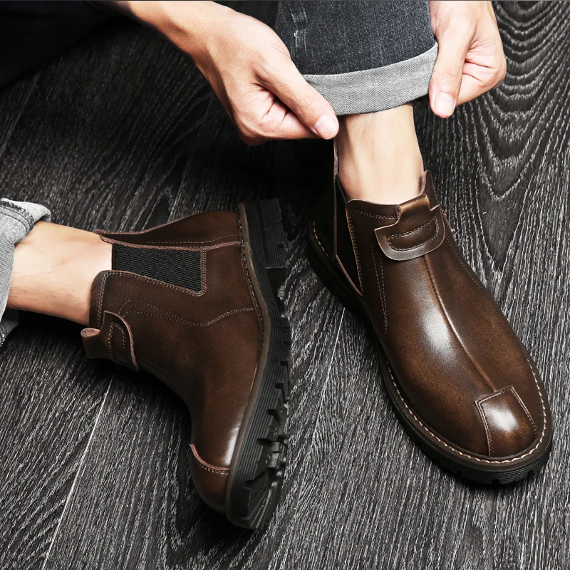 BIMUDUIYU/мужские ботинки «Челси» из натуральной кожи; Осенняя обувь; мужские ботильоны в стиле ретро; Повседневная зимняя качественная обувь без шнуровки; Botas Man