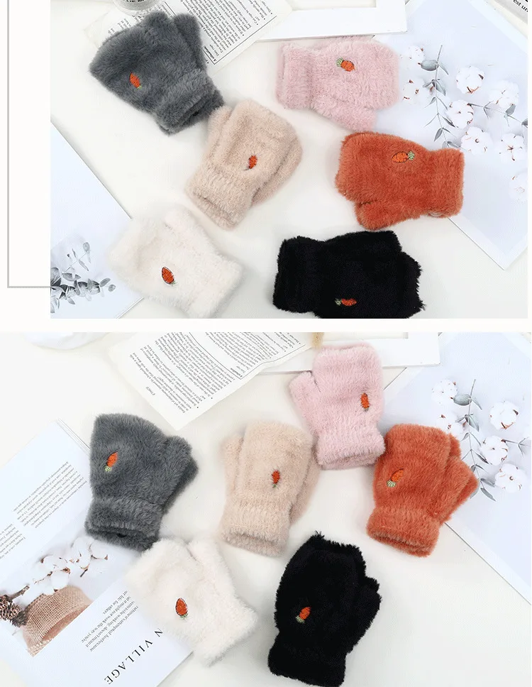 Зимние перчатки с вышивкой, имитация норки, милые Мультяшные разноцветные перчатки для школьниц, увеличивающие тепло