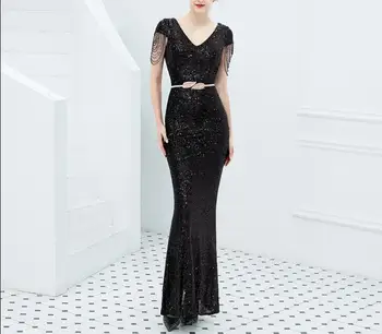 

6 Colors One Long Sequined Dress Top Quality Sexy Women Bodycon Elegant Beading Evening Party Dresses