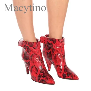 

Cone Heel Pointed Toe Ankle Boots Designer Fashion Autumn New Shoes Women Snake Patter Red Leather Shoes