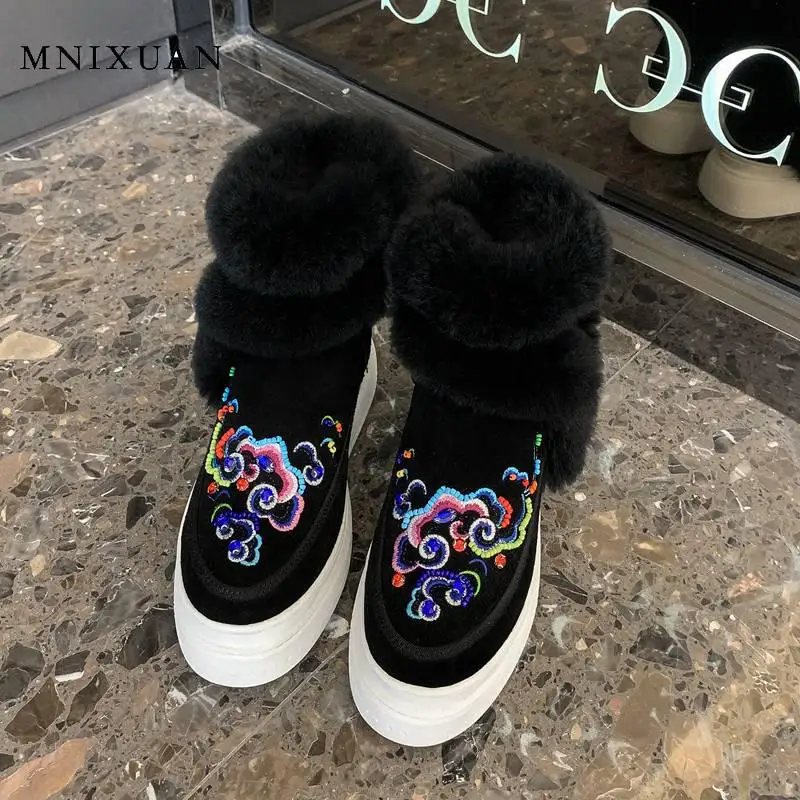 MNIXUAN/брендовая Роскошная зимняя женская обувь; зимние сапоги; Новинка года; матовая кожа; толстая подошва; Платформа; мех; вышитые ботильоны; Цвет Черный