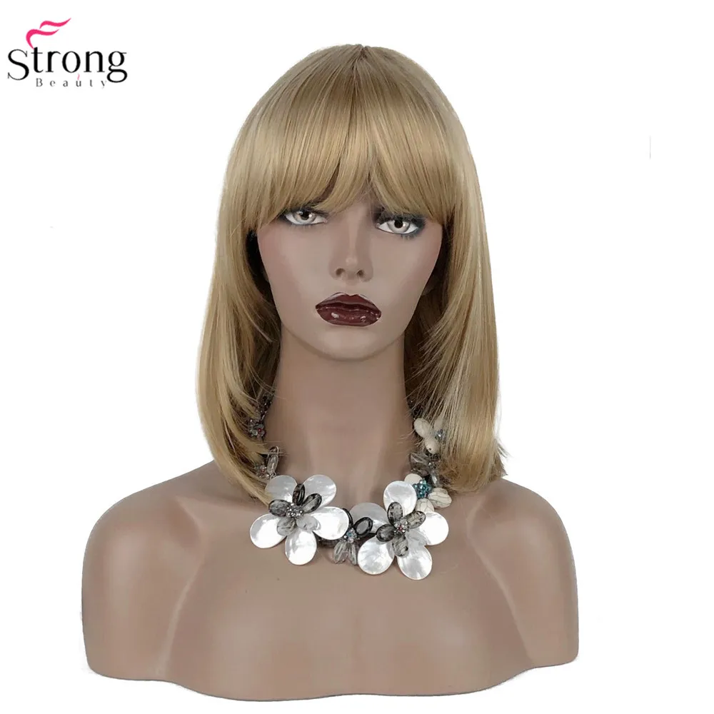 StrongBeauty Женские синтетические парики волосы блонд/Черный Средний прямые волосы аккуратная челка стиль Natura парик монолитный