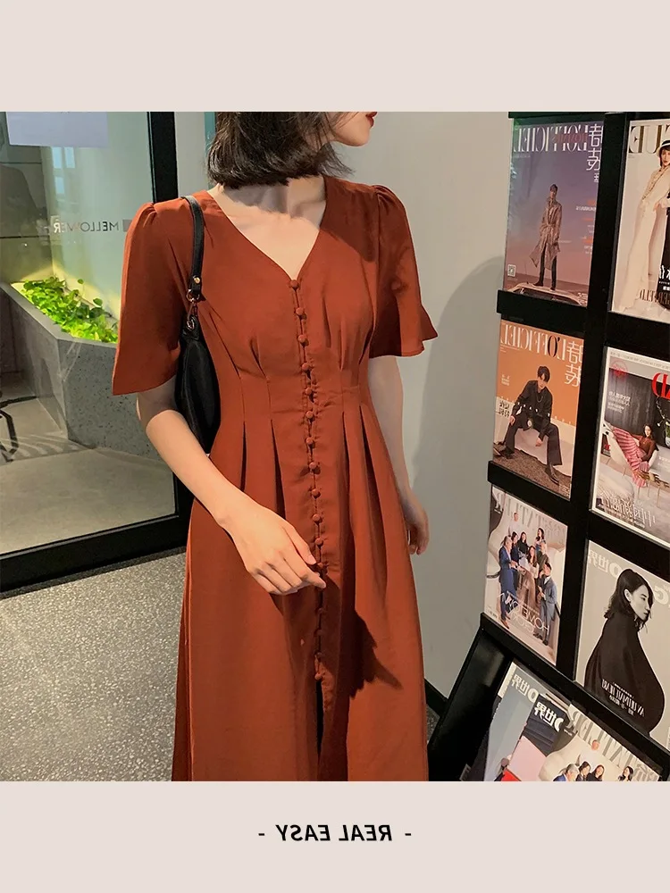 

His Color V-neck Dress Women's 2019 Summer New Style Thin Slim Fit Slimming Waist Hugging Elegant Skirt