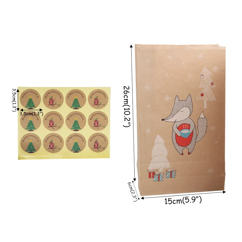12 шт рождественские крафт-бумажные сумки рождественские стикеры набор лисички лося подарочные бумажные наклейки для сумок рождественские конфеты еда печенье упаковка бумажные пакеты