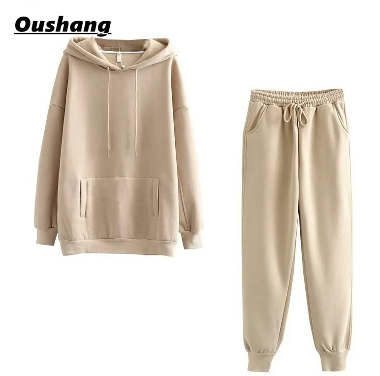 

2020 Autumn Winter Casual hoodies sweatshirt and pants suits Warm Outwear Women 2 pieces sets Thick fleece 100% cotton suit