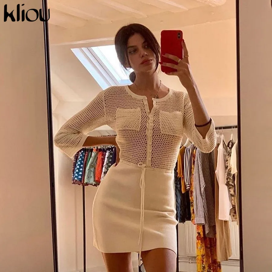 

kliou Women's sexy mesh fabric patchwork dress Openwork Round Collar Tops Stitching Hip Dresses 2019 autumn Fashion streetwear
