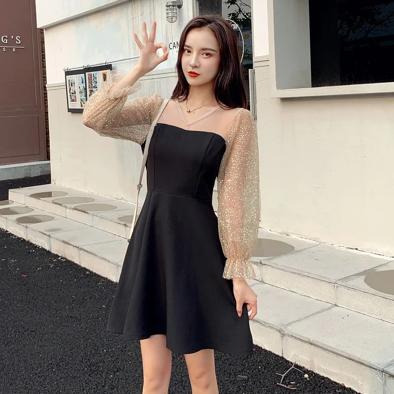 

Women Mesh Patchwork Print Polka Dot Dress Autumn 2019 Black Dress Women A Line Mini Ladies Dress Winter Plus Size Fall Clothes