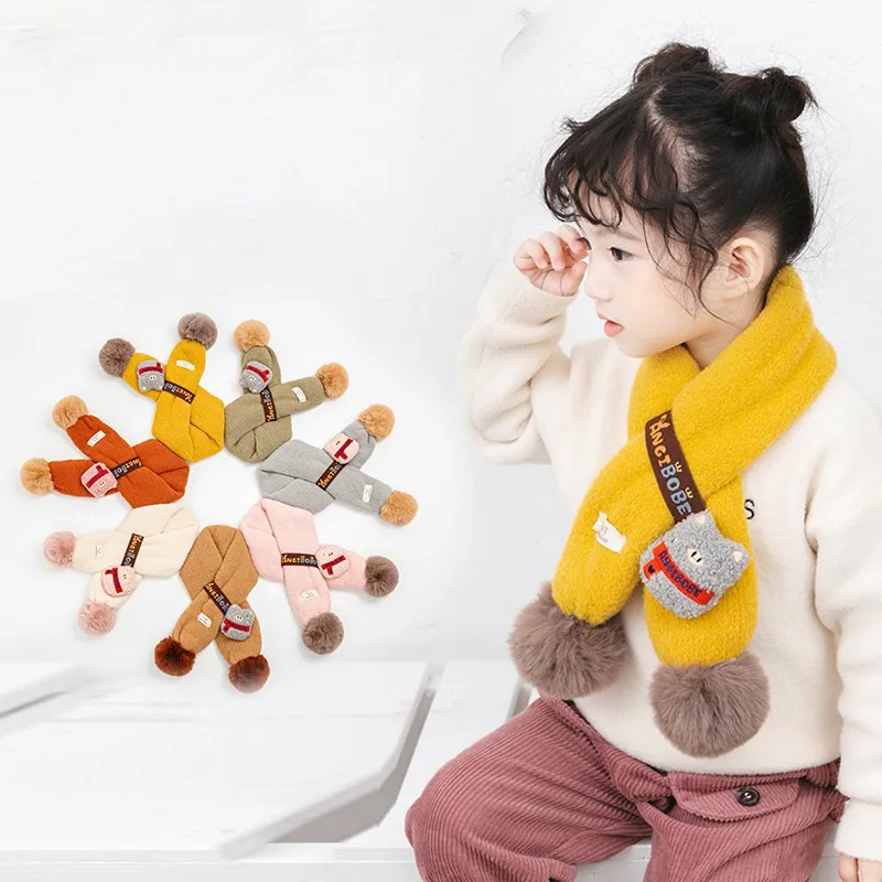 Winter Cute Girls Boy Scarf Cartoon Pattern Kids Cotton Warmer Neck Children Solid Scarves Short Scarf