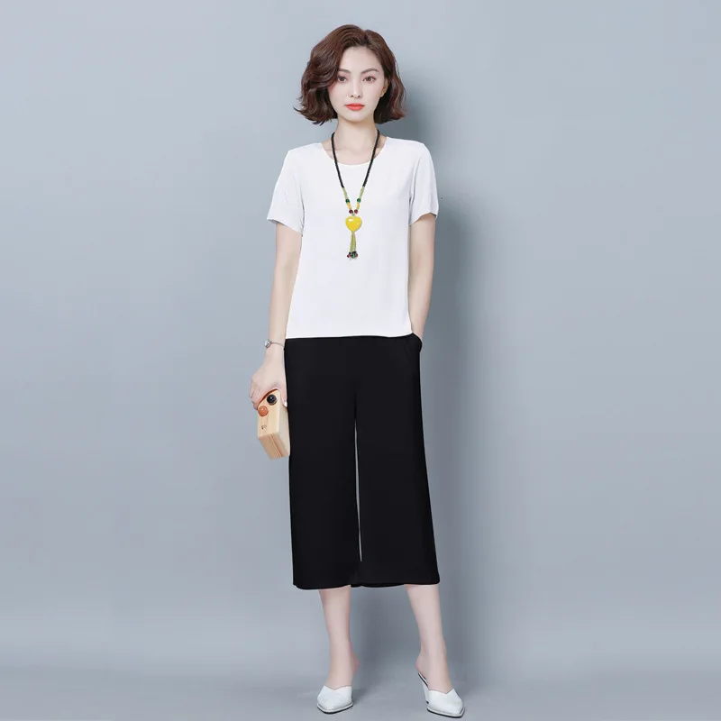 

2019 Cotton Linen WOMEN'S Suit Summer Two-Piece Set New Style Summer Wear Large Size Dress-Style Capri Loose Pants Western Style