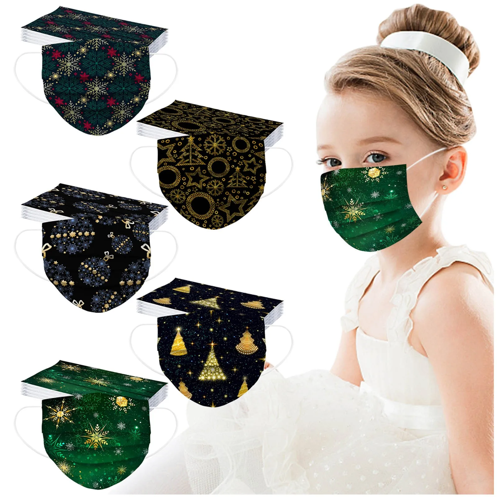 50pcs Disposable Children Christmas Mask Mascarillas Unisex Gold Elk Print Black 3layer Facemask Ninos Masques | Маски